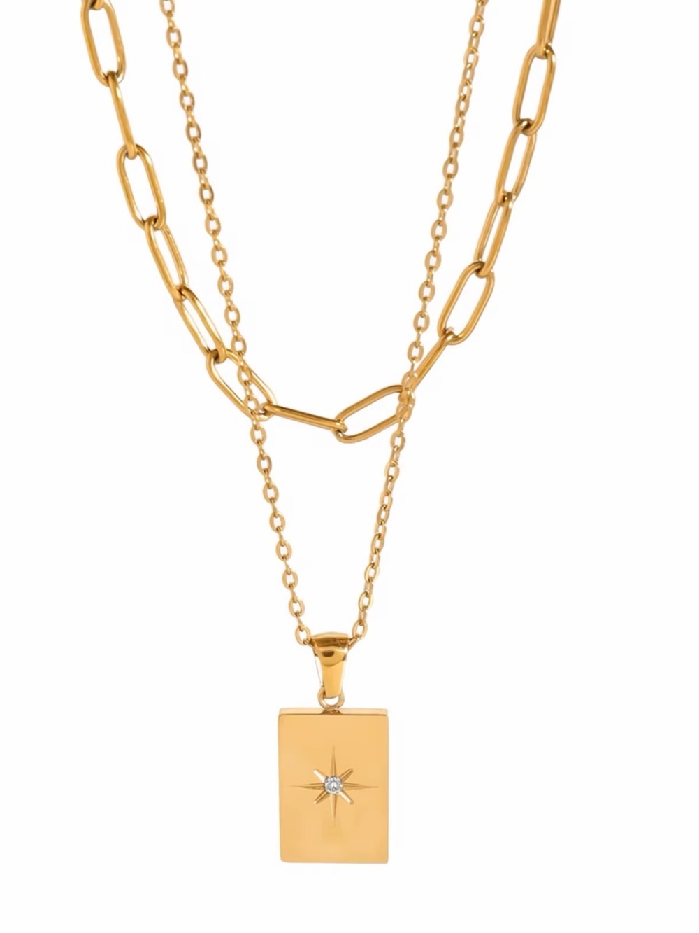 18K Gold Plated Layered Rectangle Star Pendant Necklace